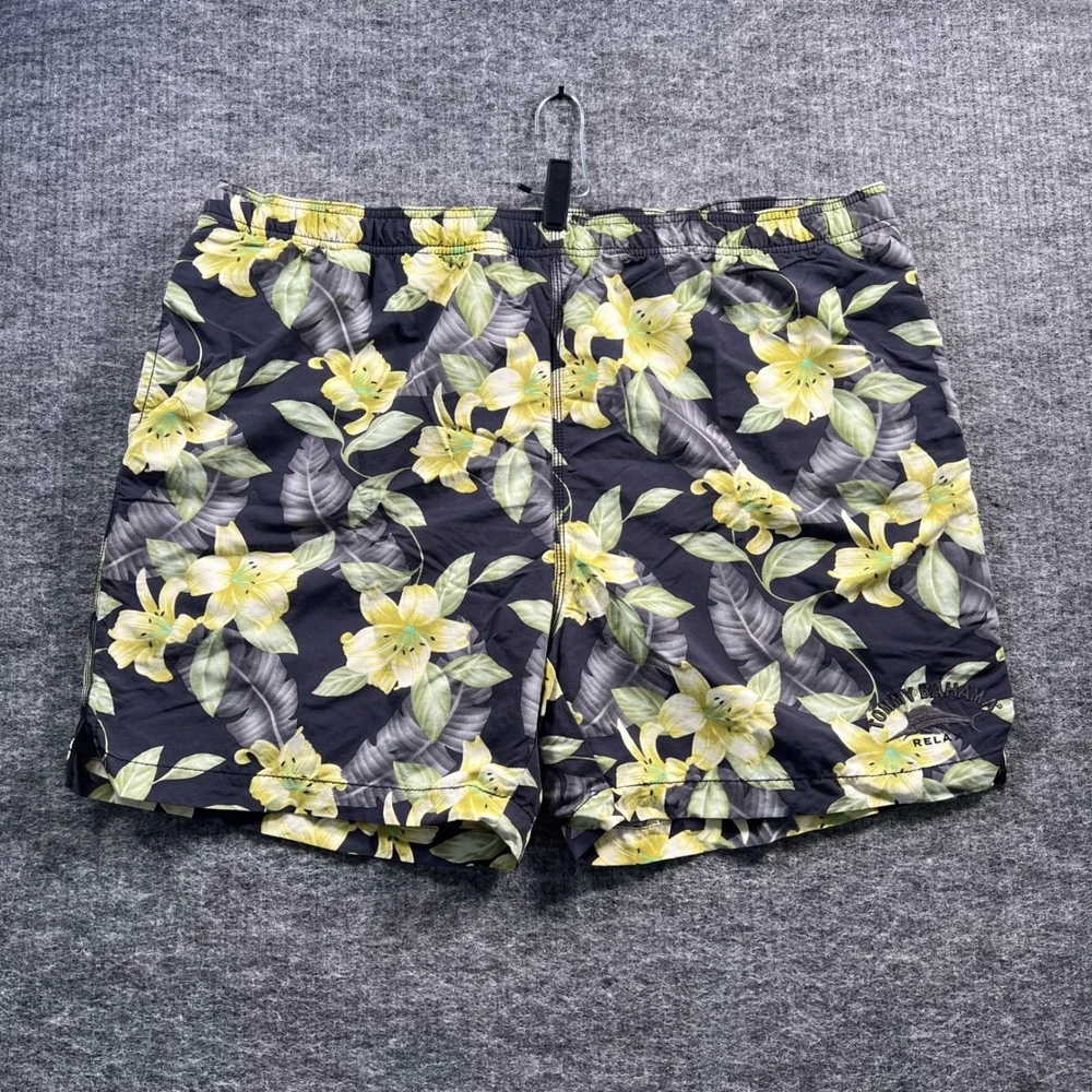 Tommy Bahama Relax Mens XL Swim Trunks Tropical Floral Black Yellow